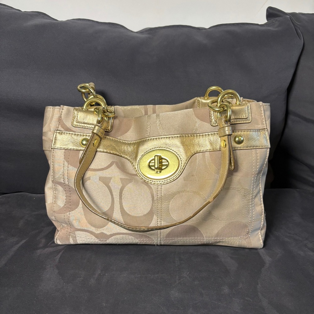Coach Signature Jacquard Gallery Tote Gold Metallic Leather Shoulder Bag F14276